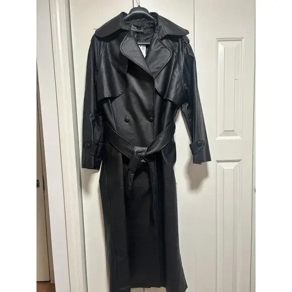 Black Faux Leather Trench Coat Long Belted Jacket Women Oversized Fall - Picture 3 of 9